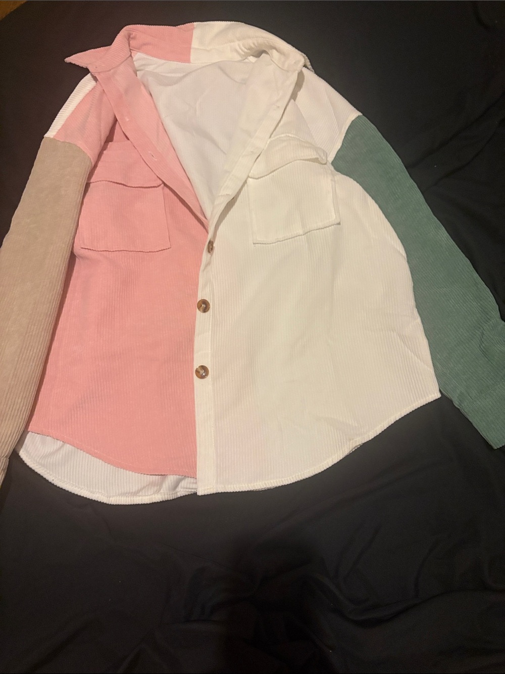 Colorblock Corduroy Button-Up Shirt - Pink, Cream & Green
